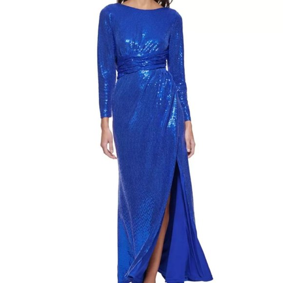 CALVIN KLEIN Women's Blue Cowl Back Lined Long Sleeve Full-Length Gown Dress - Picture 1 of 11